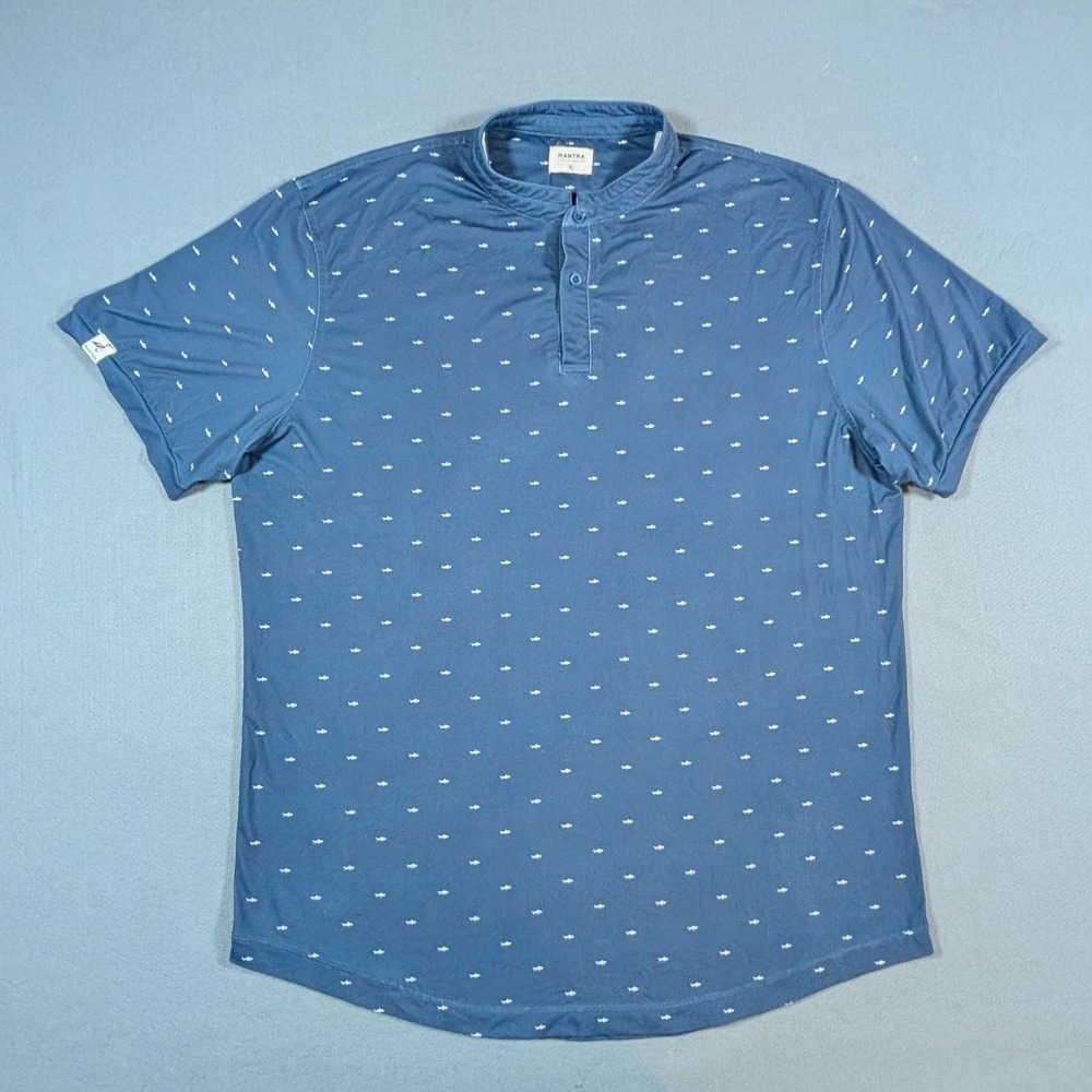 Mantra Polo Shirt Mens XL Blue All Over Shark Print Short Sleeve Performance